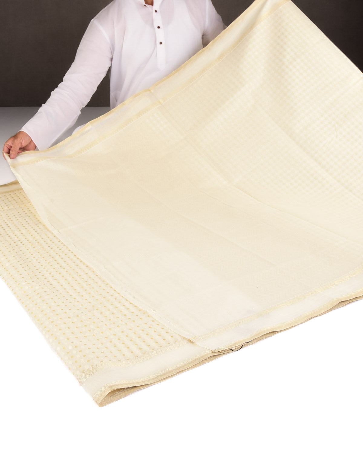 Gold On Cream Mini Polka Dots Cutwork Brocade Woven Art Cotton Silk Banarasi Saree