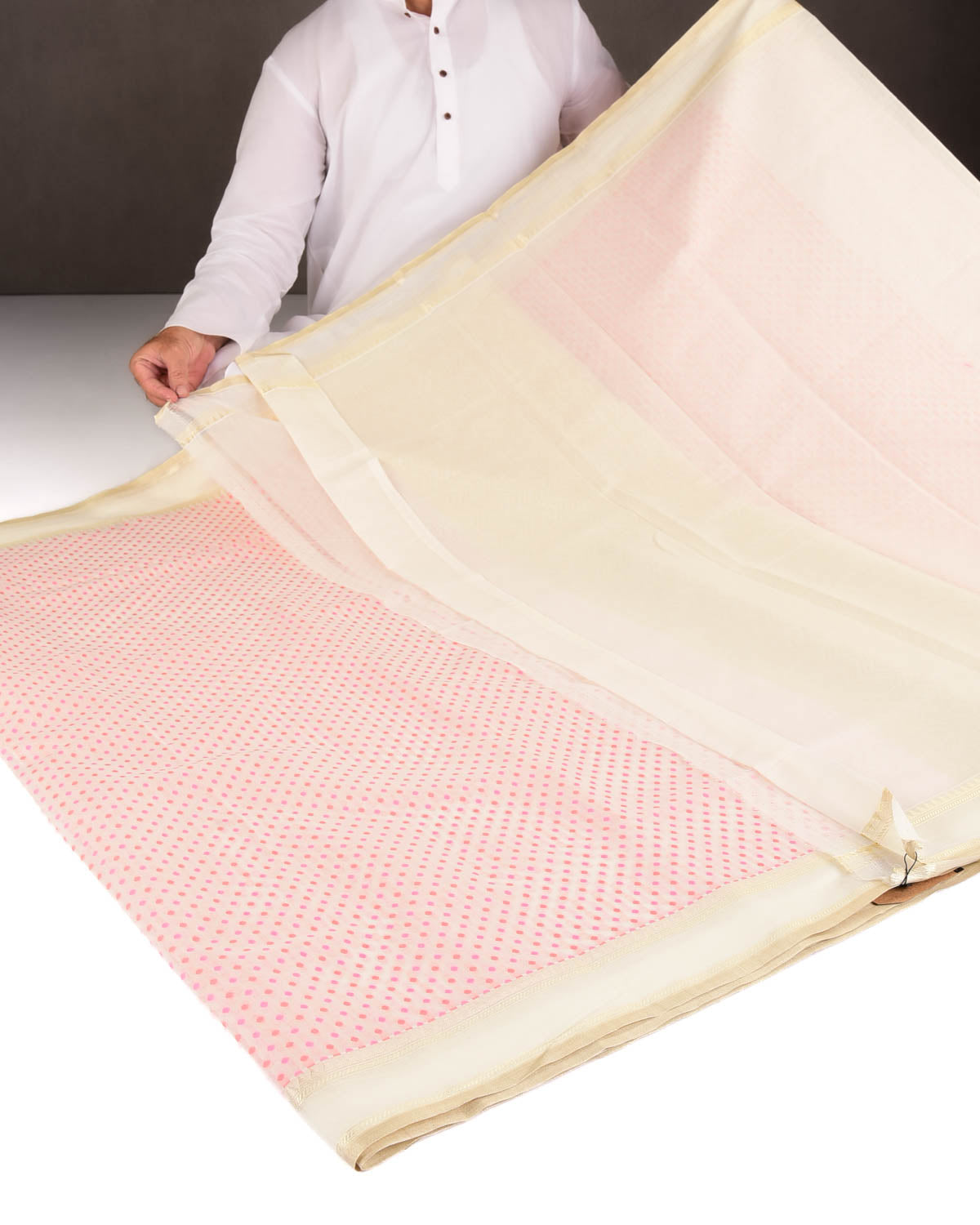 Red-Pink on Cream Mini Polka Dots Cutwork Brocade Woven Art Cotton Silk Banarasi Saree