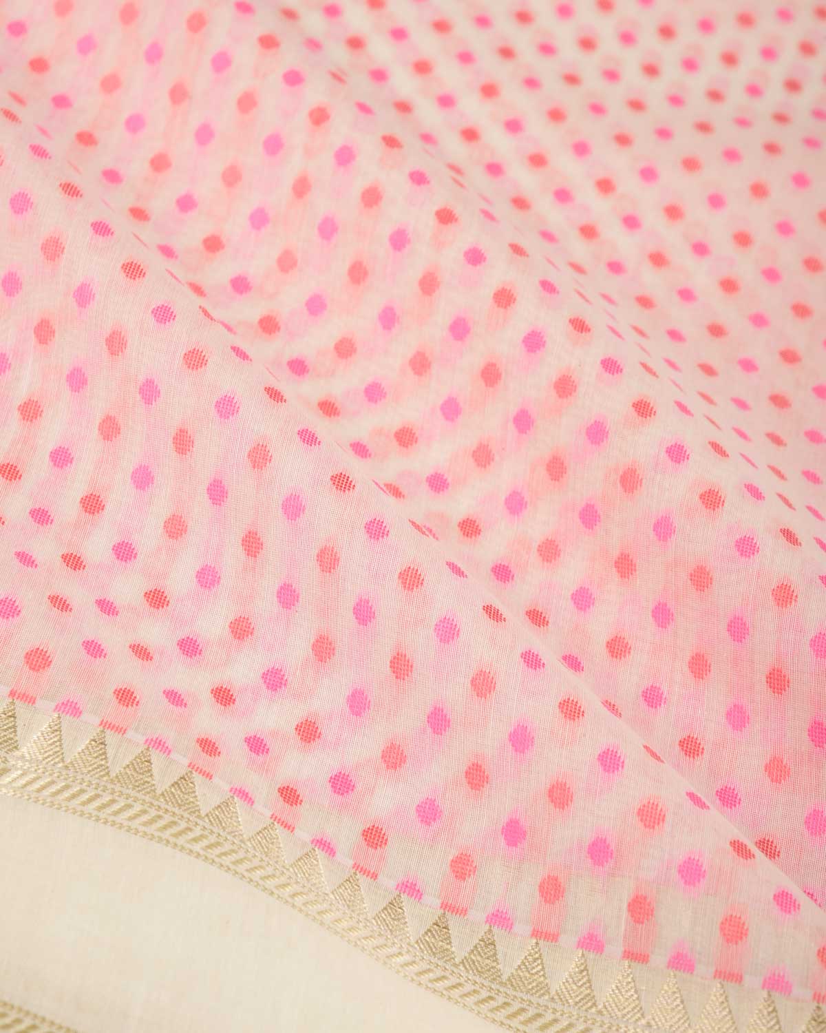 Red-Pink on Cream Mini Polka Dots Cutwork Brocade Woven Art Cotton Silk Banarasi Saree