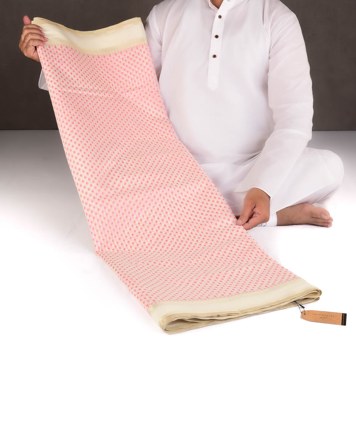 Red-Pink on Cream Mini Polka Dots Cutwork Brocade Woven Art Cotton Silk Banarasi Saree