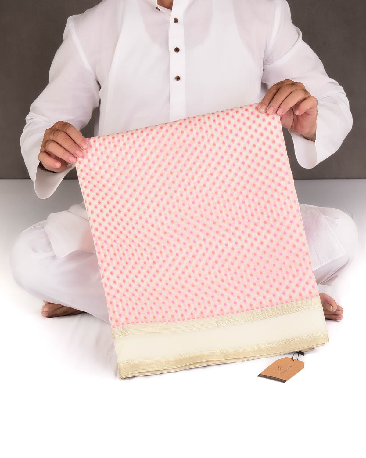 Red-Pink on Cream Mini Polka Dots Cutwork Brocade Woven Art Cotton Silk Banarasi Saree