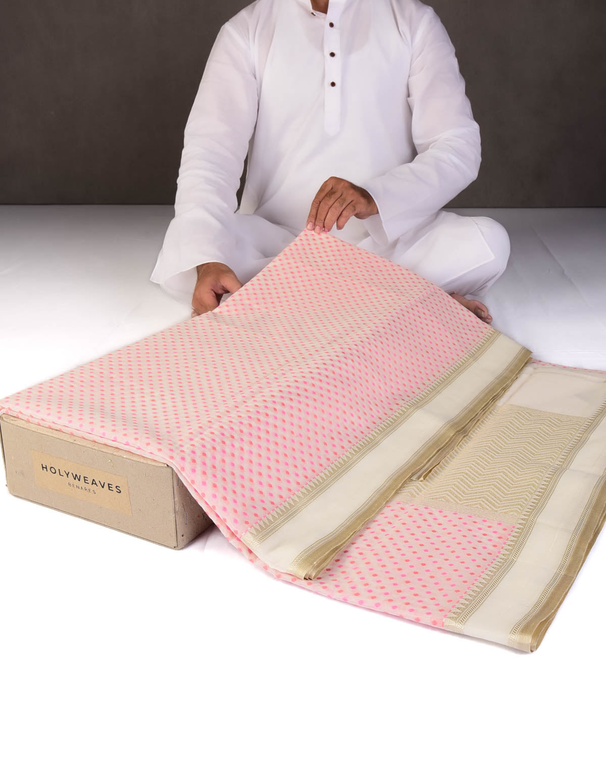 Red-Pink on Cream Mini Polka Dots Cutwork Brocade Woven Art Cotton Silk Banarasi Saree