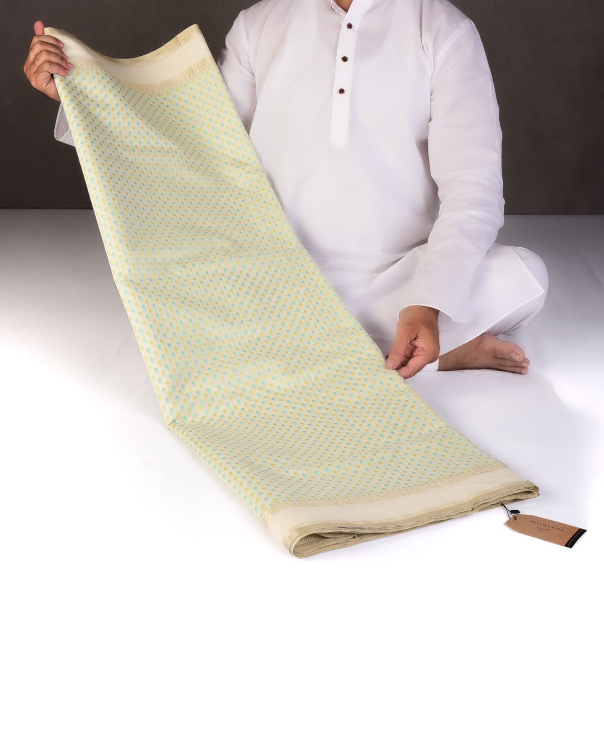 Blue-Green on Cream Mini Polka Dots Cutwork Brocade Woven Art Cotton Silk Banarasi Saree