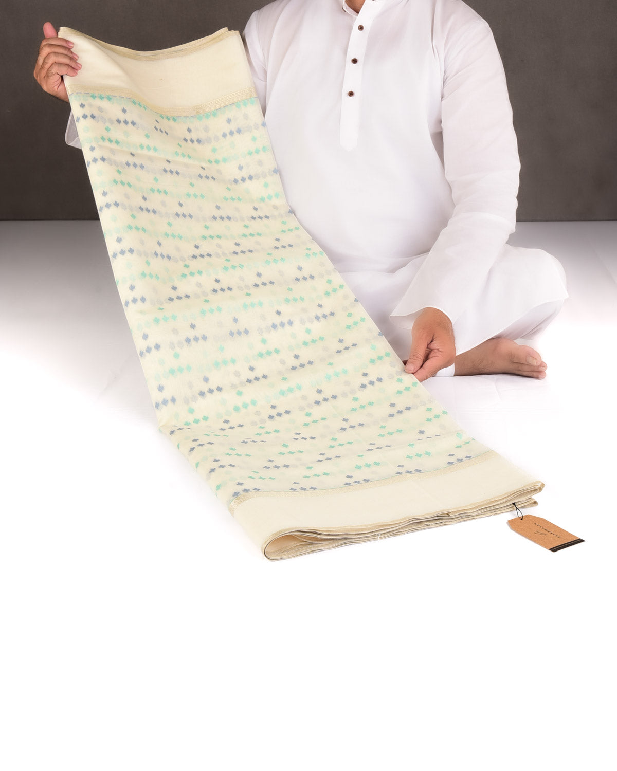 Blue-Green on Cream Resham Leaf Scatter Buti Cutwork Brocade Woven Art Cotton Silk Banarasi Saree