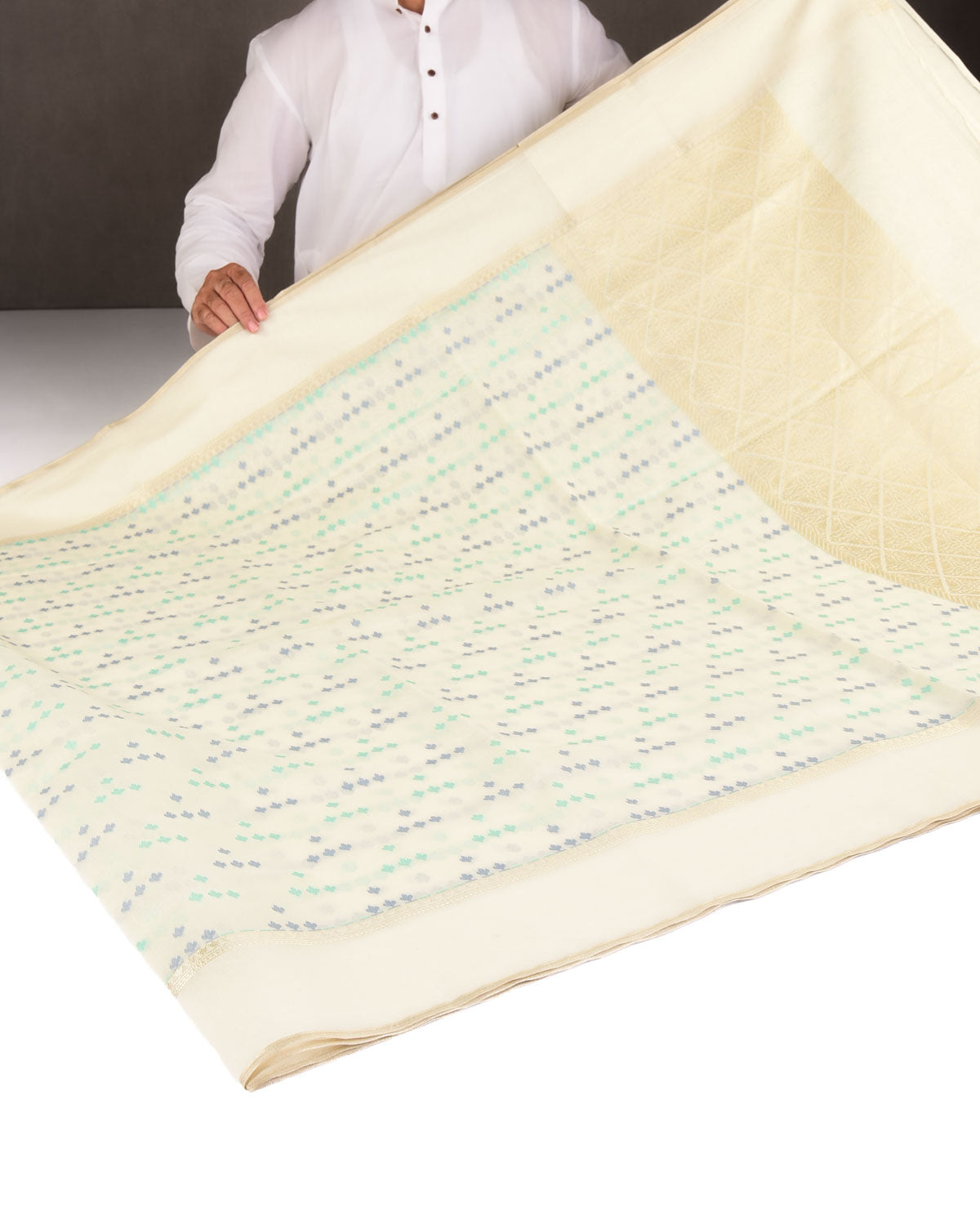 Blue-Green on Cream Resham Leaf Scatter Buti Cutwork Brocade Woven Art Cotton Silk Banarasi Saree
