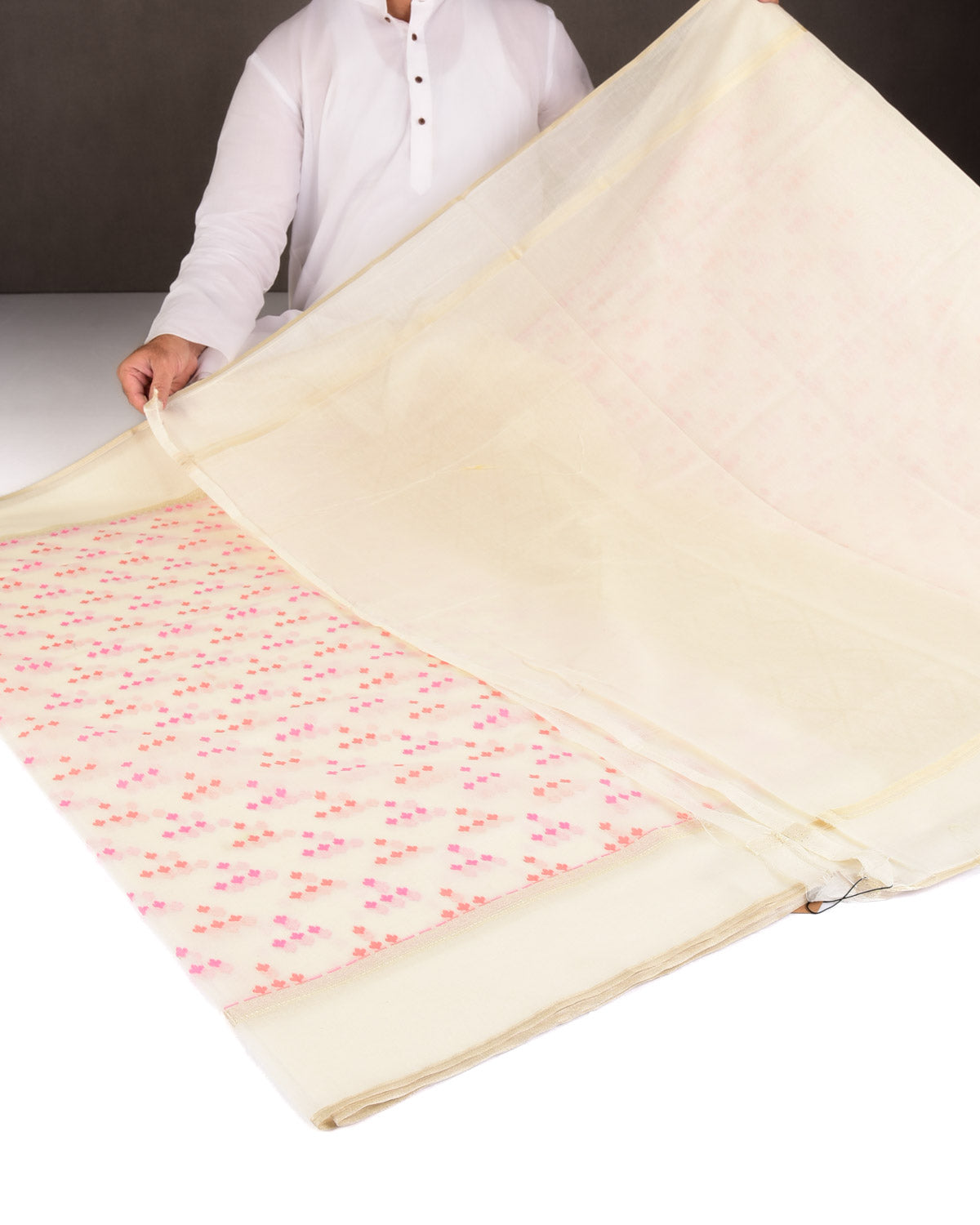 Red-Pink on Cream Resham Leaf Scatter Buti Cutwork Brocade Woven Art Cotton Silk Banarasi Saree