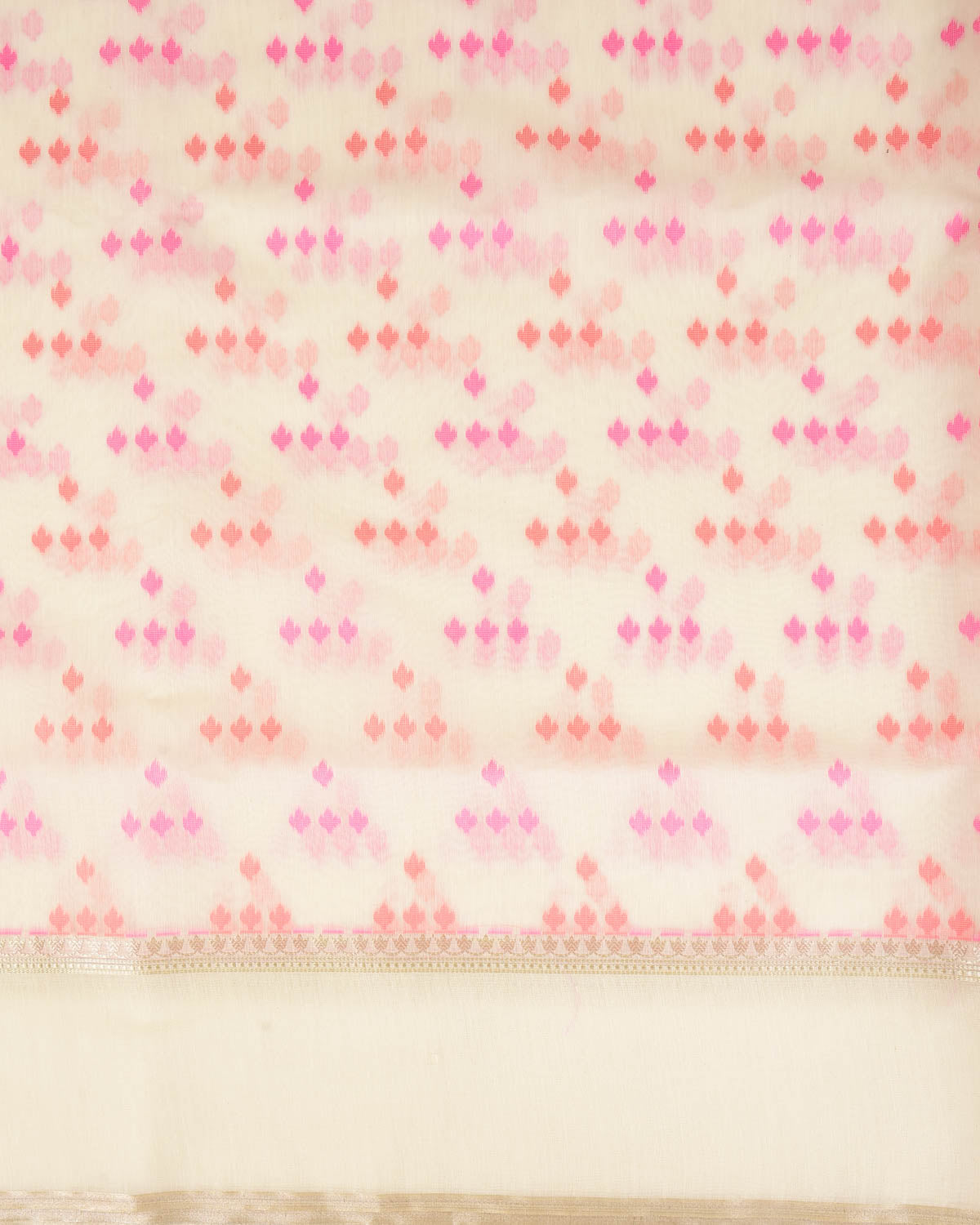 Red-Pink on Cream Resham Leaf Scatter Buti Cutwork Brocade Woven Art Cotton Silk Banarasi Saree
