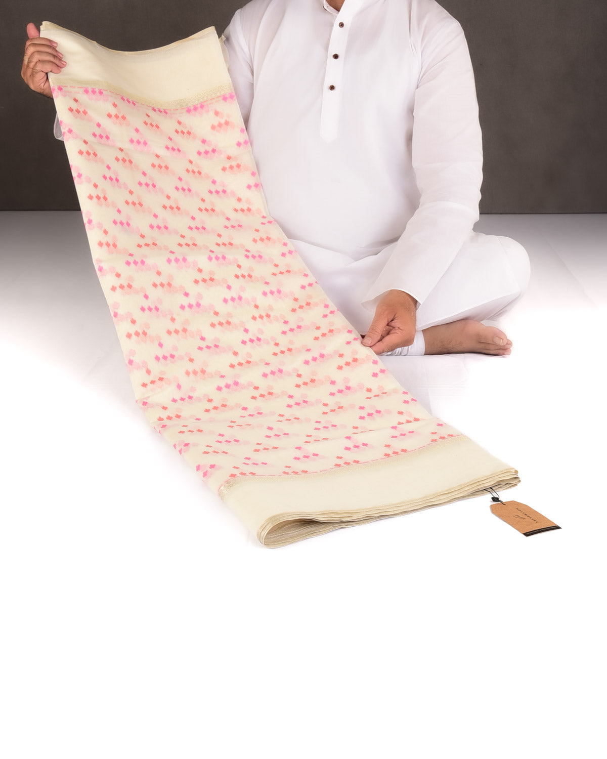Red-Pink on Cream Resham Leaf Scatter Buti Cutwork Brocade Woven Art Cotton Silk Banarasi Saree