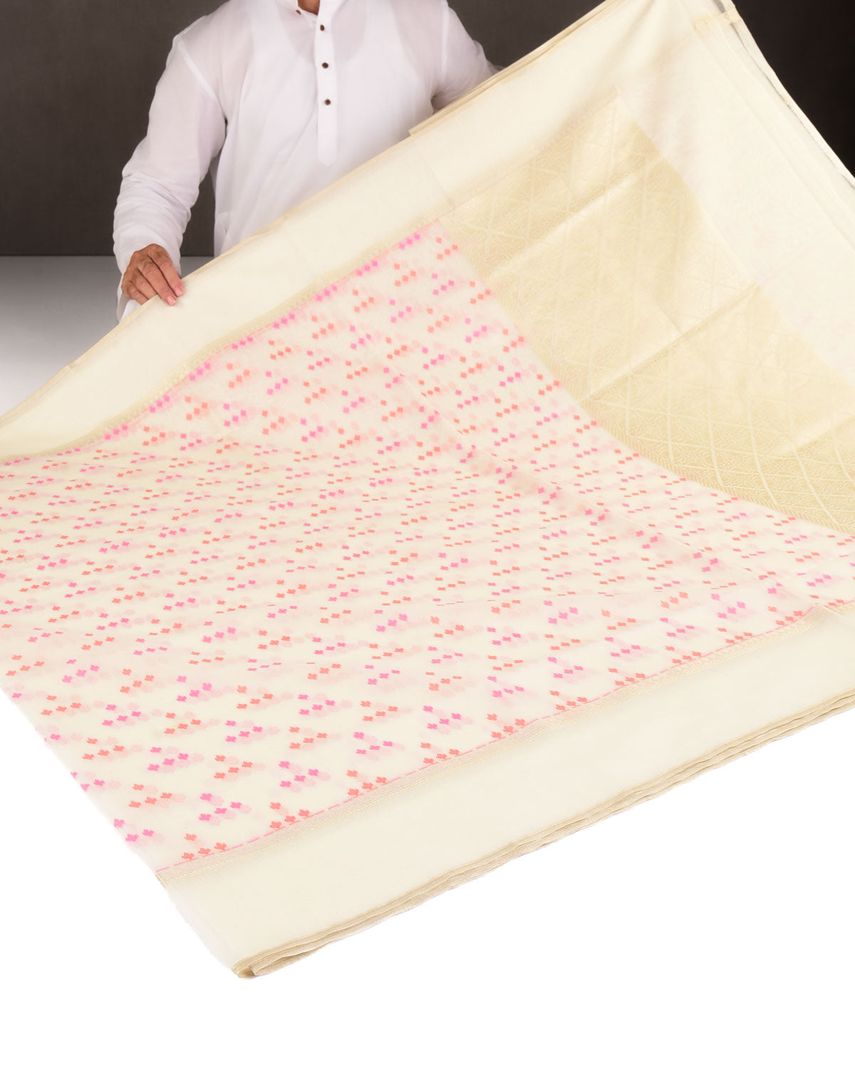 Red-Pink on Cream Resham Leaf Scatter Buti Cutwork Brocade Woven Art Cotton Silk Banarasi Saree