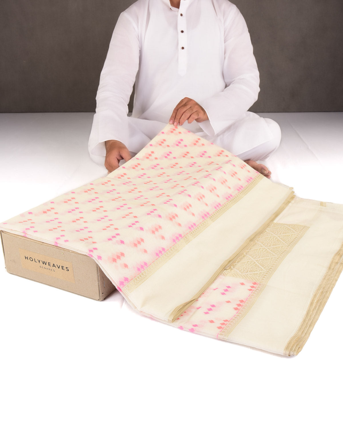 Red-Pink on Cream Resham Leaf Scatter Buti Cutwork Brocade Woven Art Cotton Silk Banarasi Saree