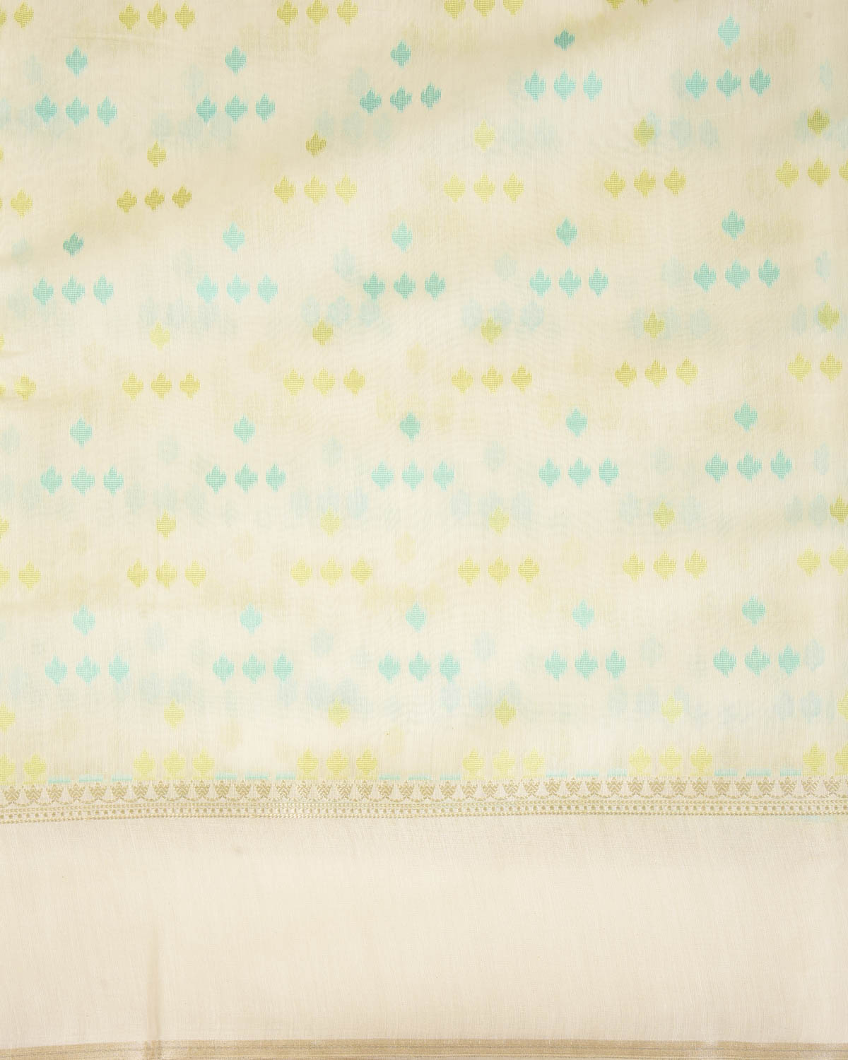 Blue-Green on Cream Resham Leaf Scatter Buti Cutwork Brocade Woven Art Cotton Silk Banarasi Saree