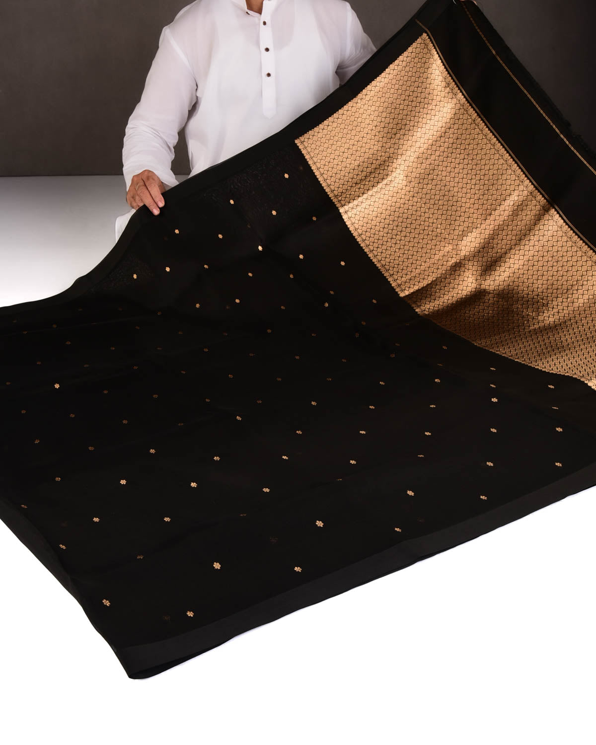 Black Gold Zari Buti Kadhuan Brocade Handwoven Kora Silk Banarasi Saree