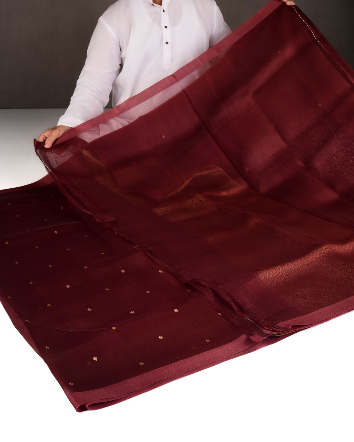 Mahogany Gold Zari Buti Kadhuan Brocade Handwoven Kora Silk Banarasi Saree