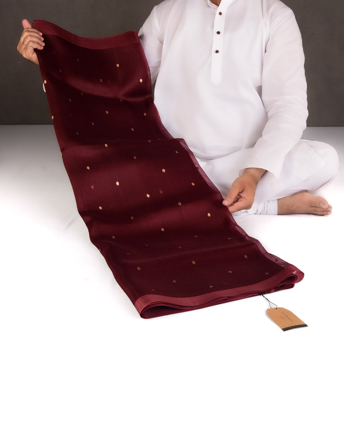 Mahogany Gold Zari Buti Kadhuan Brocade Handwoven Kora Silk Banarasi Saree