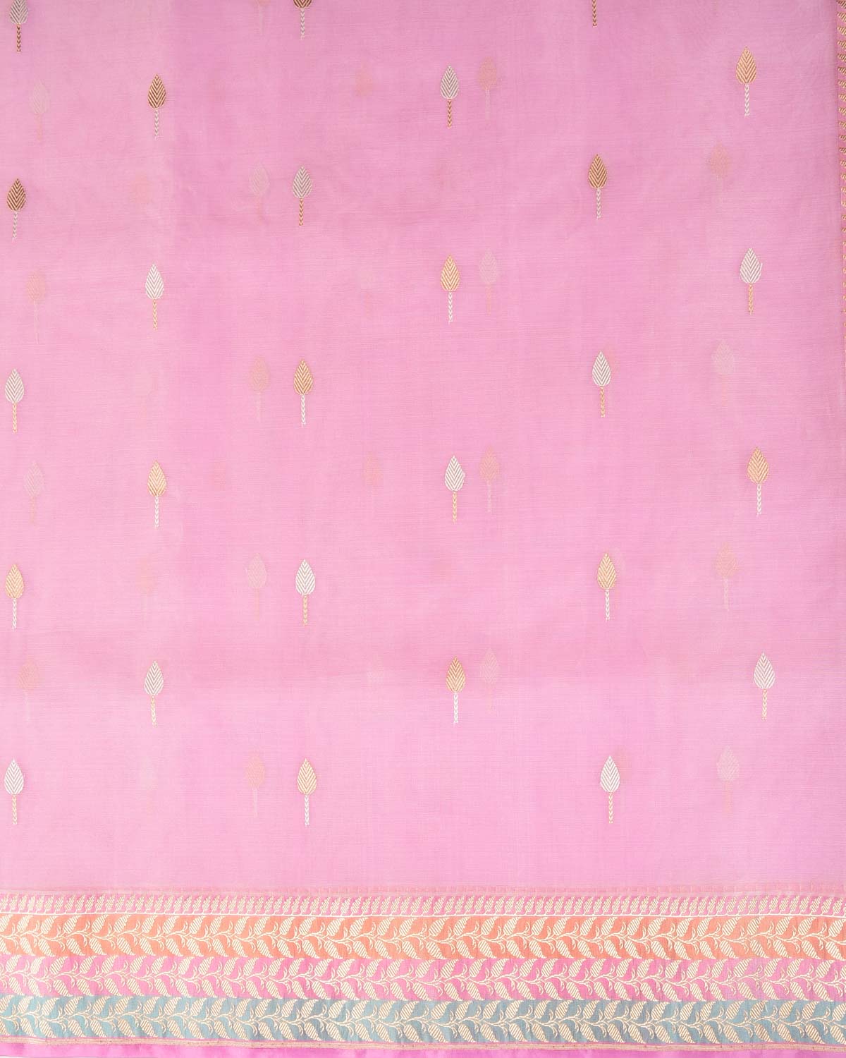 Pink Gold & Silver Zari Buti Kadhuan Brocade Handwoven Kora Silk Banarasi Saree
