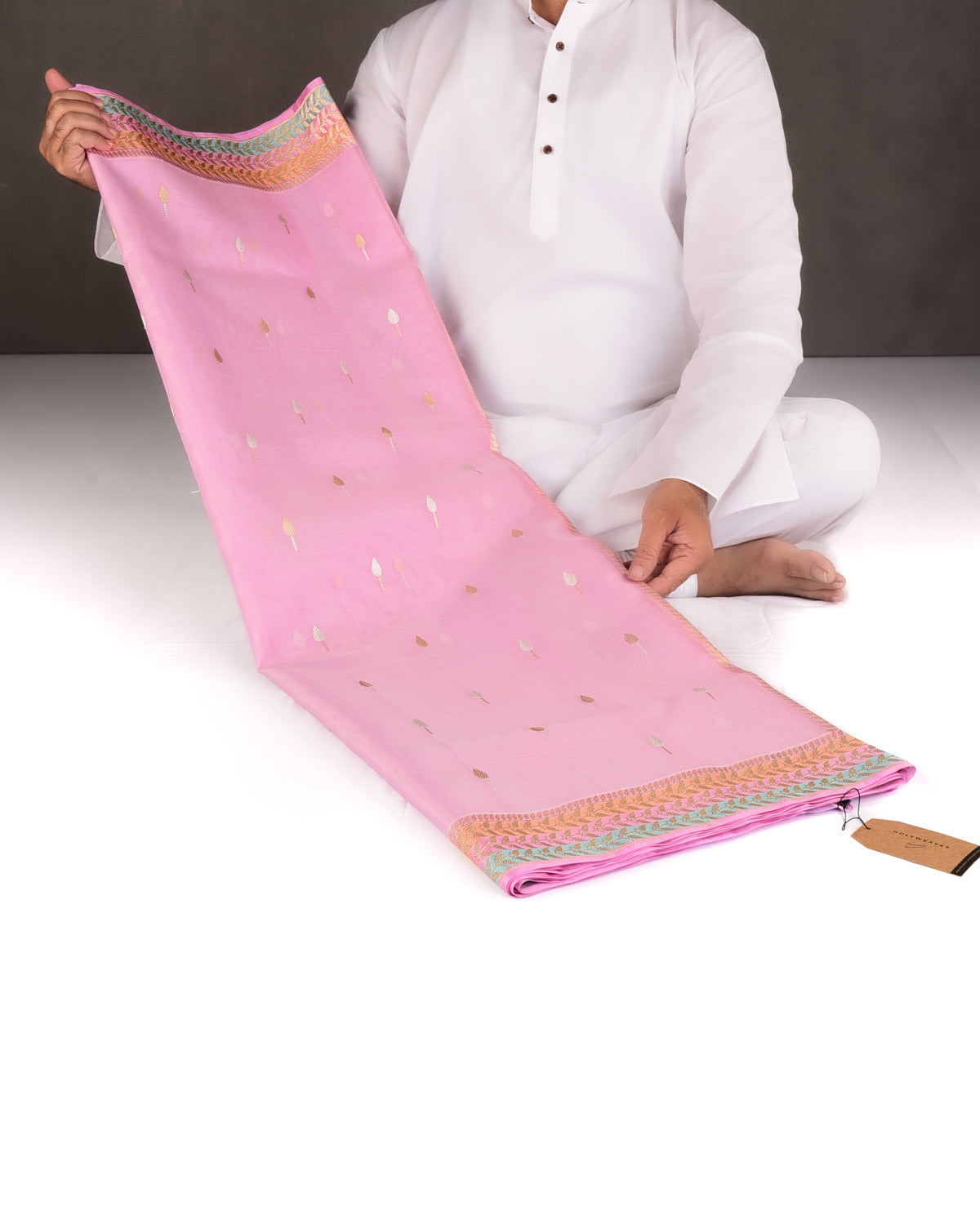 Pink Gold & Silver Zari Buti Kadhuan Brocade Handwoven Kora Silk Banarasi Saree