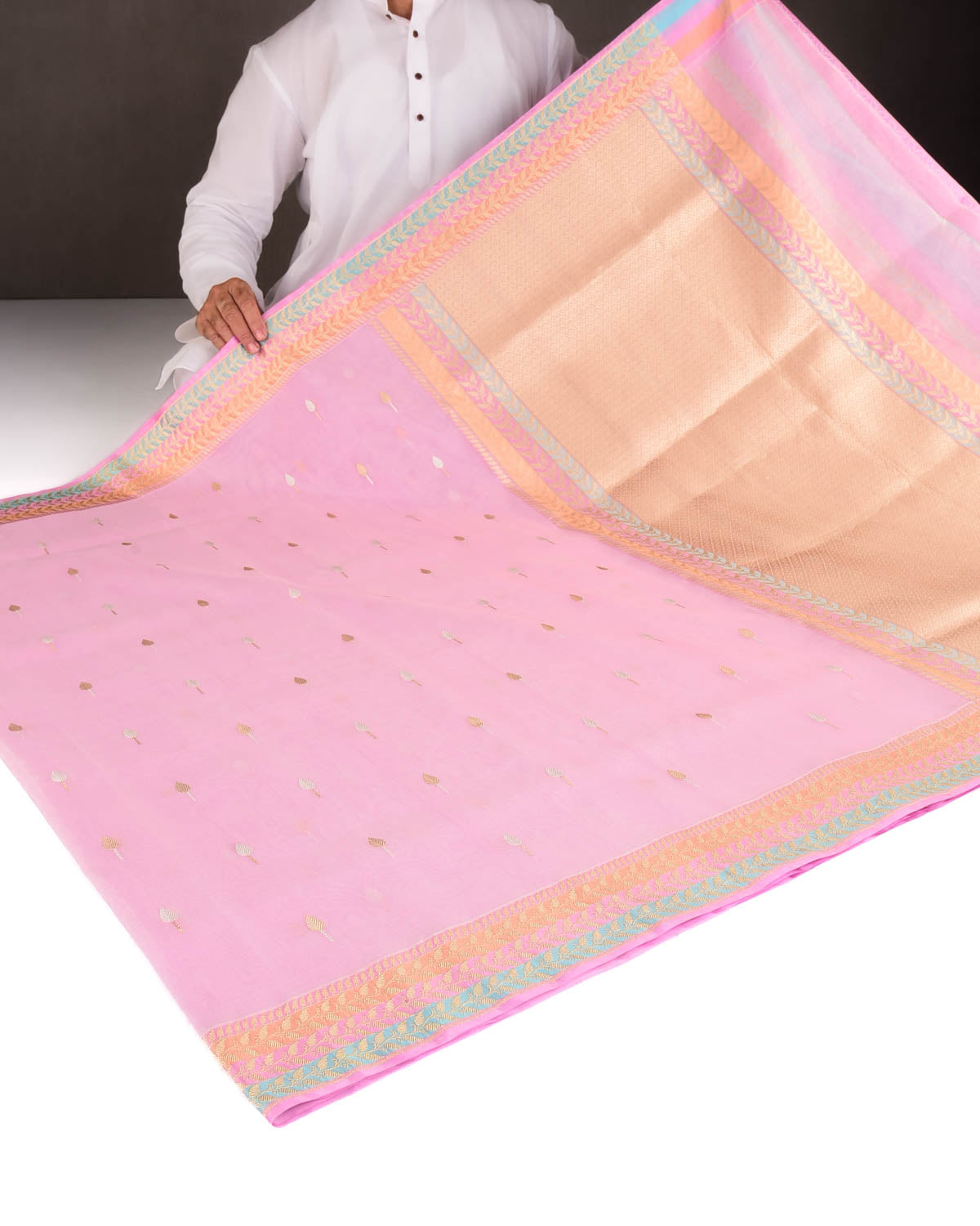 Pink Gold & Silver Zari Buti Kadhuan Brocade Handwoven Kora Silk Banarasi Saree