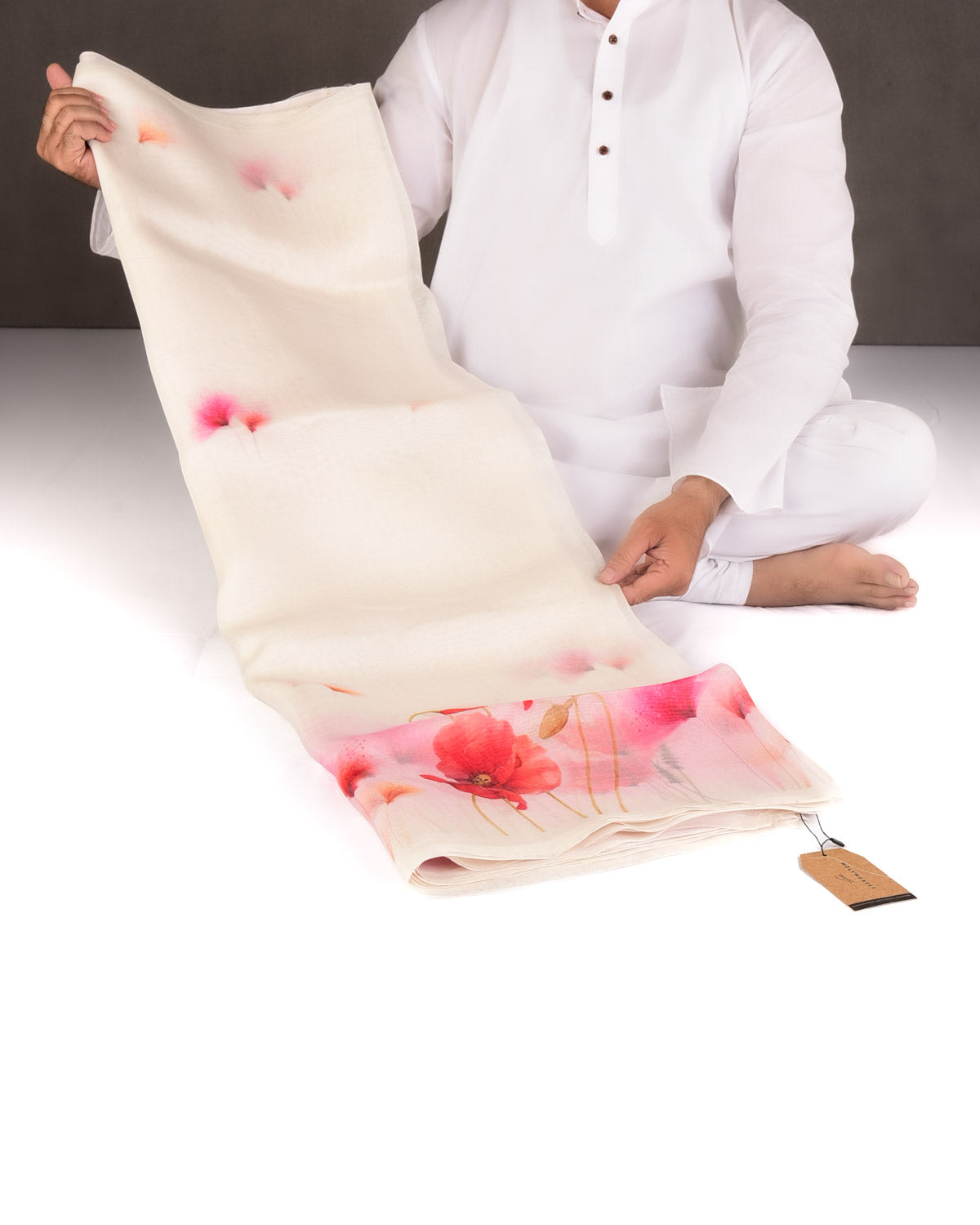 White Gulmohar Printed Kora Silk Saree
