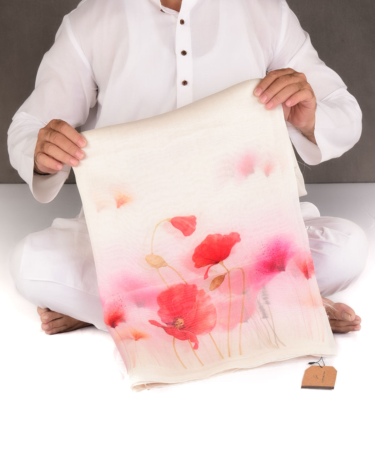 White Gulmohar Printed Kora Silk Saree