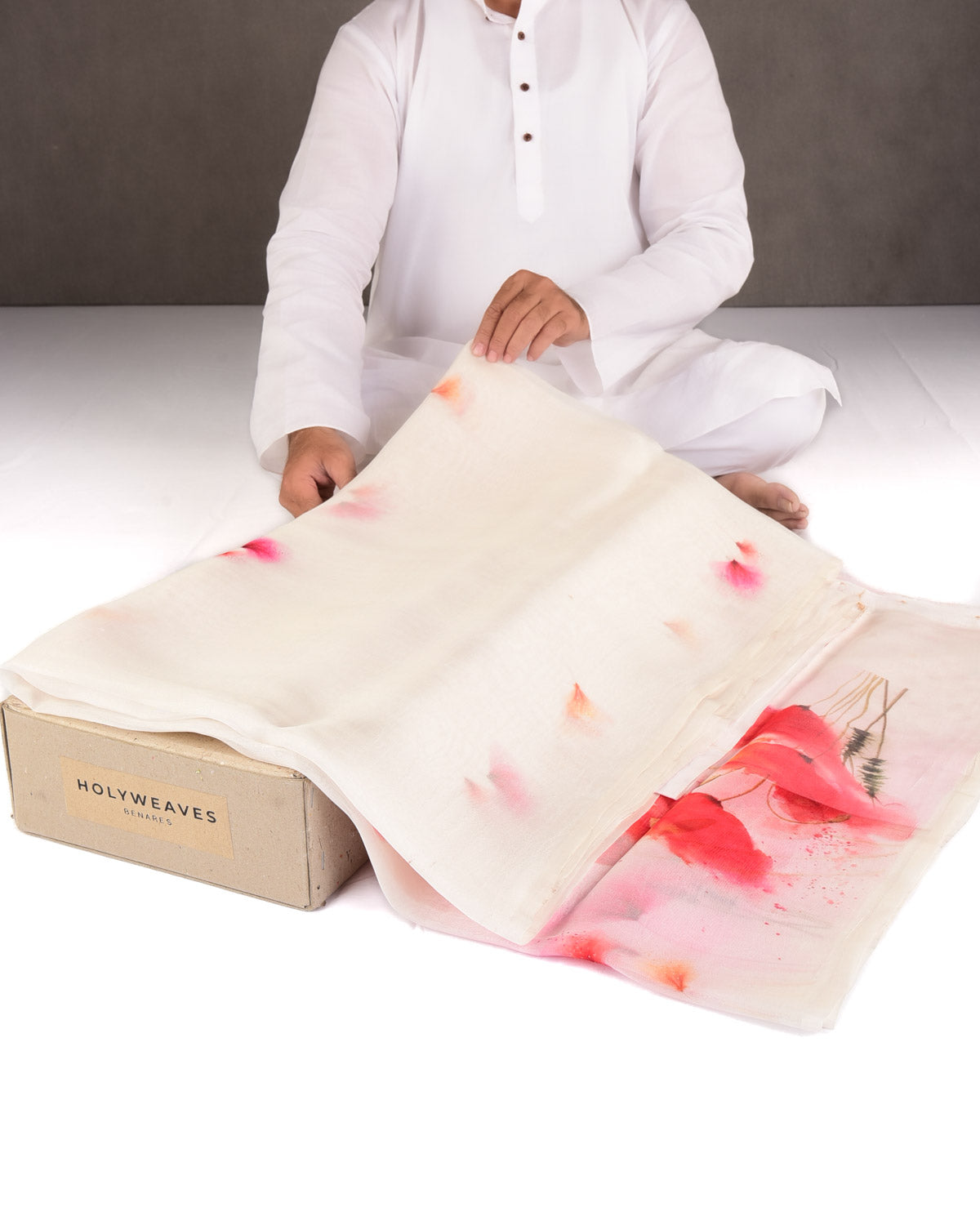 White Gulmohar Printed Kora Silk Saree