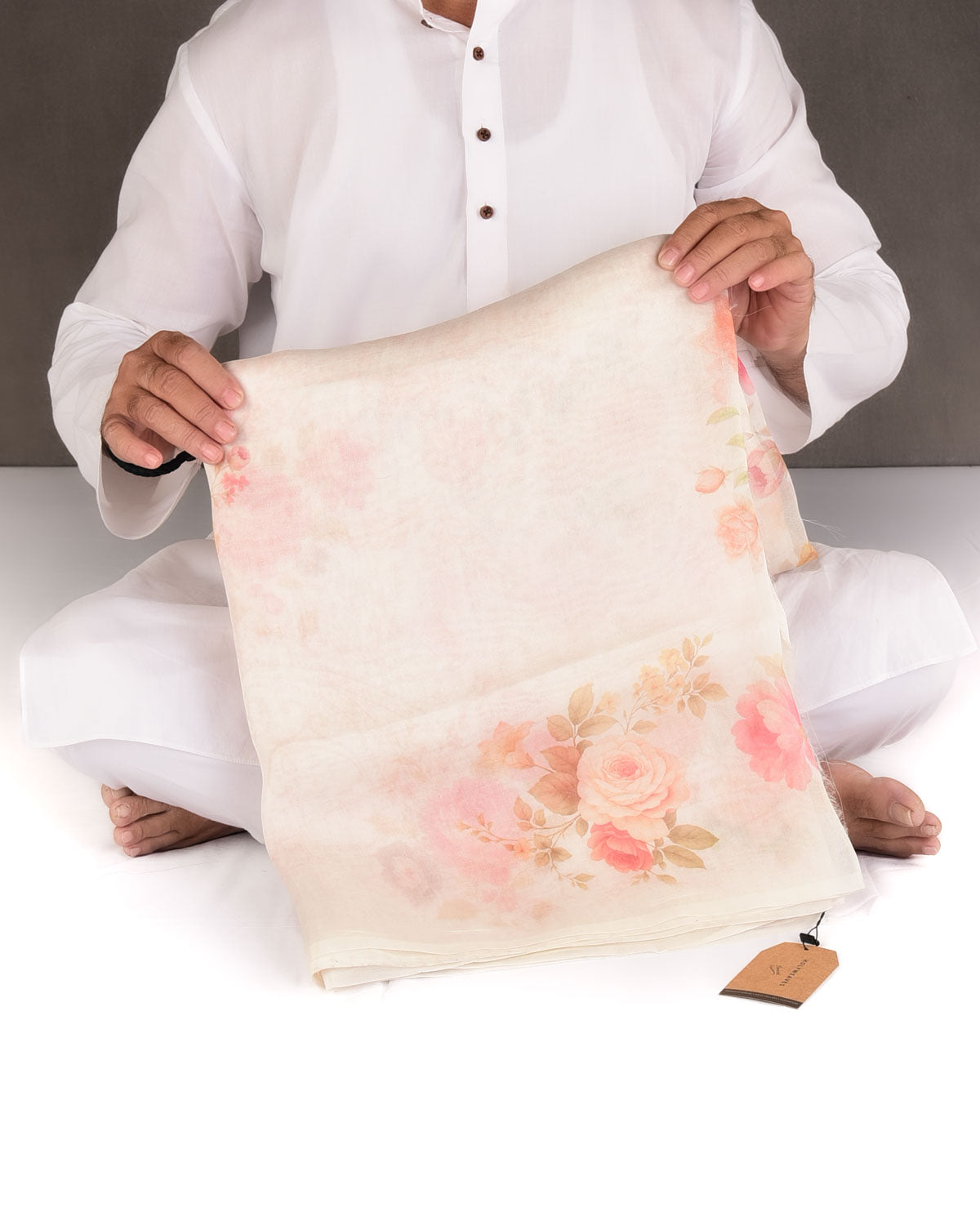 White Rose Printed Kora Silk Saree