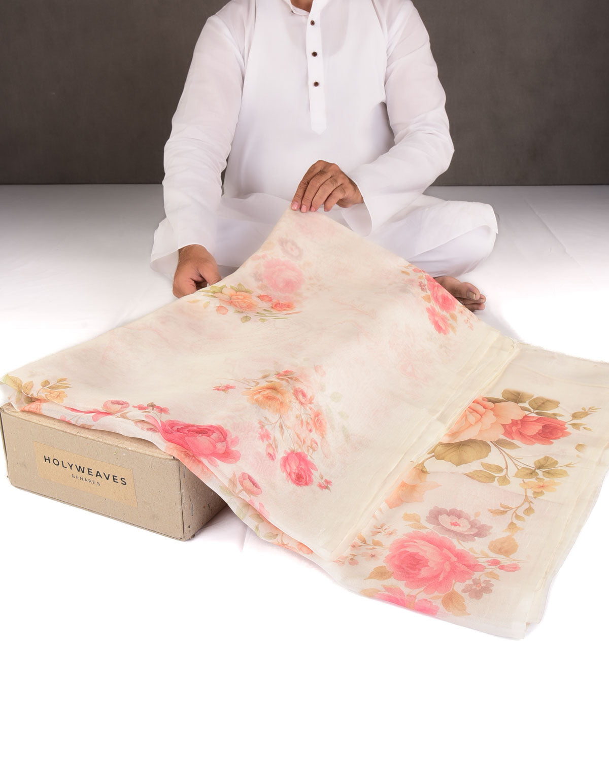 White Rose Printed Kora Silk Saree