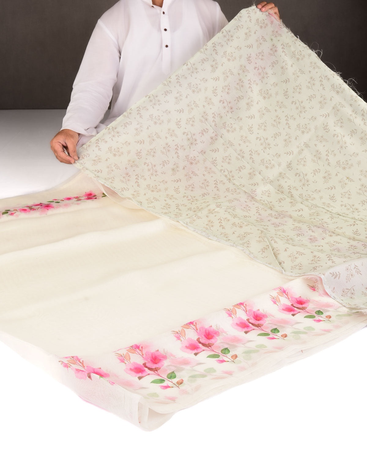 White Azalea Printed Kora Silk Saree
