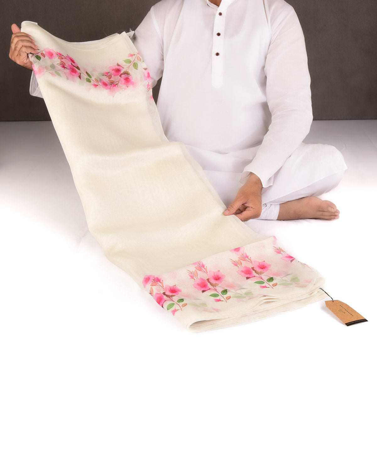 White Azalea Printed Kora Silk Saree