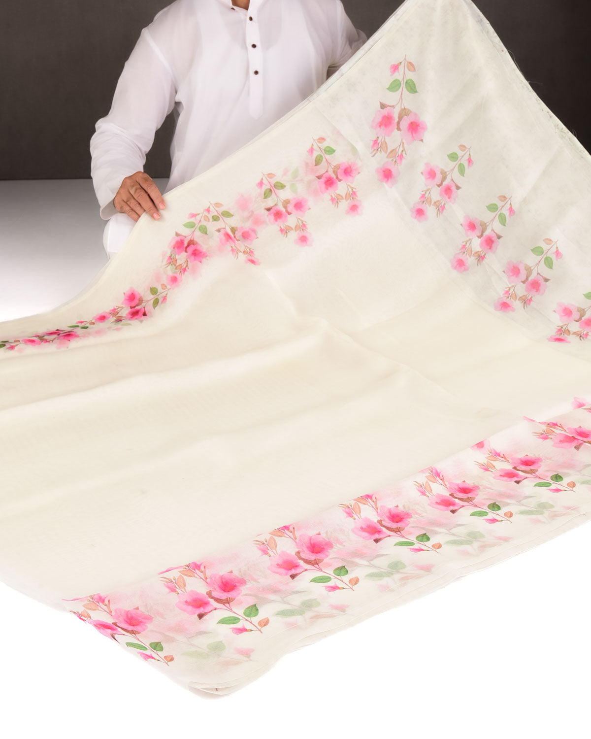White Azalea Printed Kora Silk Saree