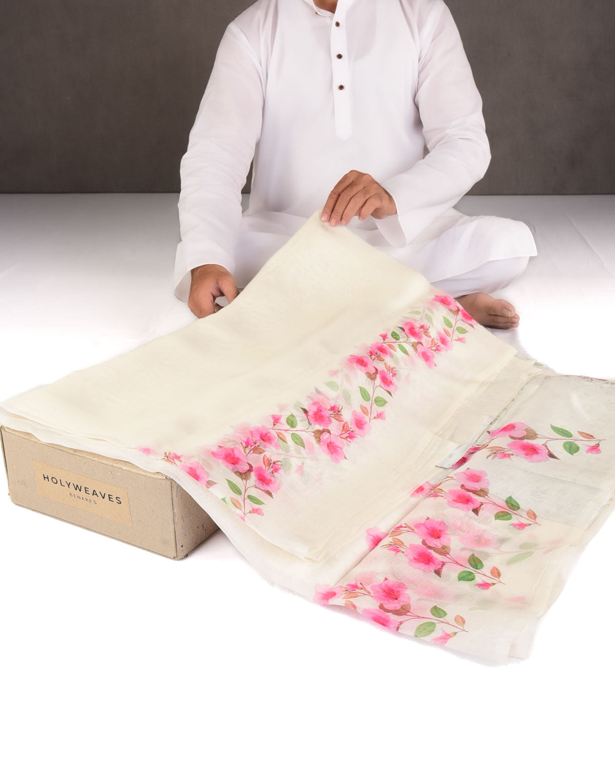 White Azalea Printed Kora Silk Saree