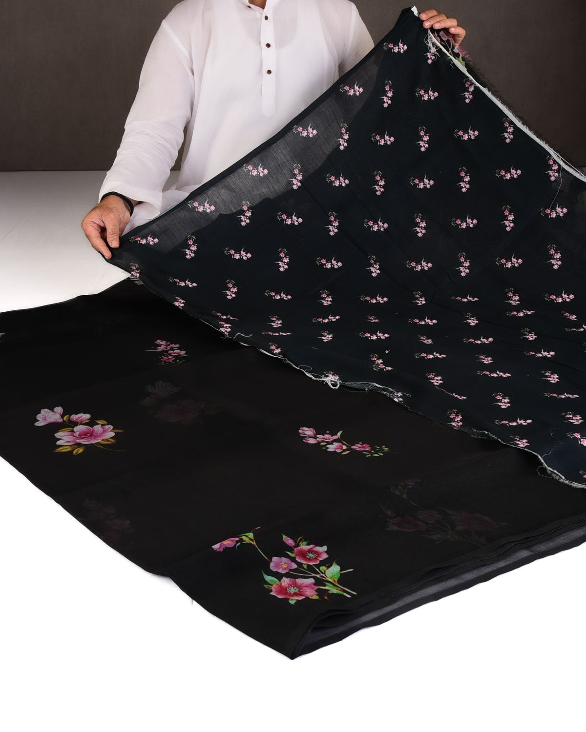 Black Lenten Rose Printed Kora Silk Saree