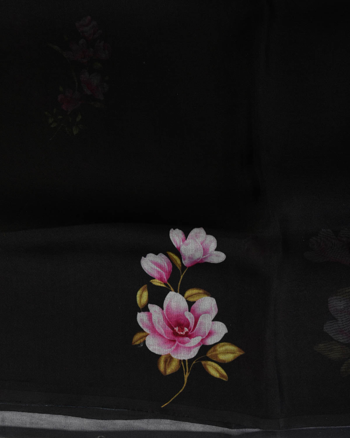 Black Lenten Rose Printed Kora Silk Saree