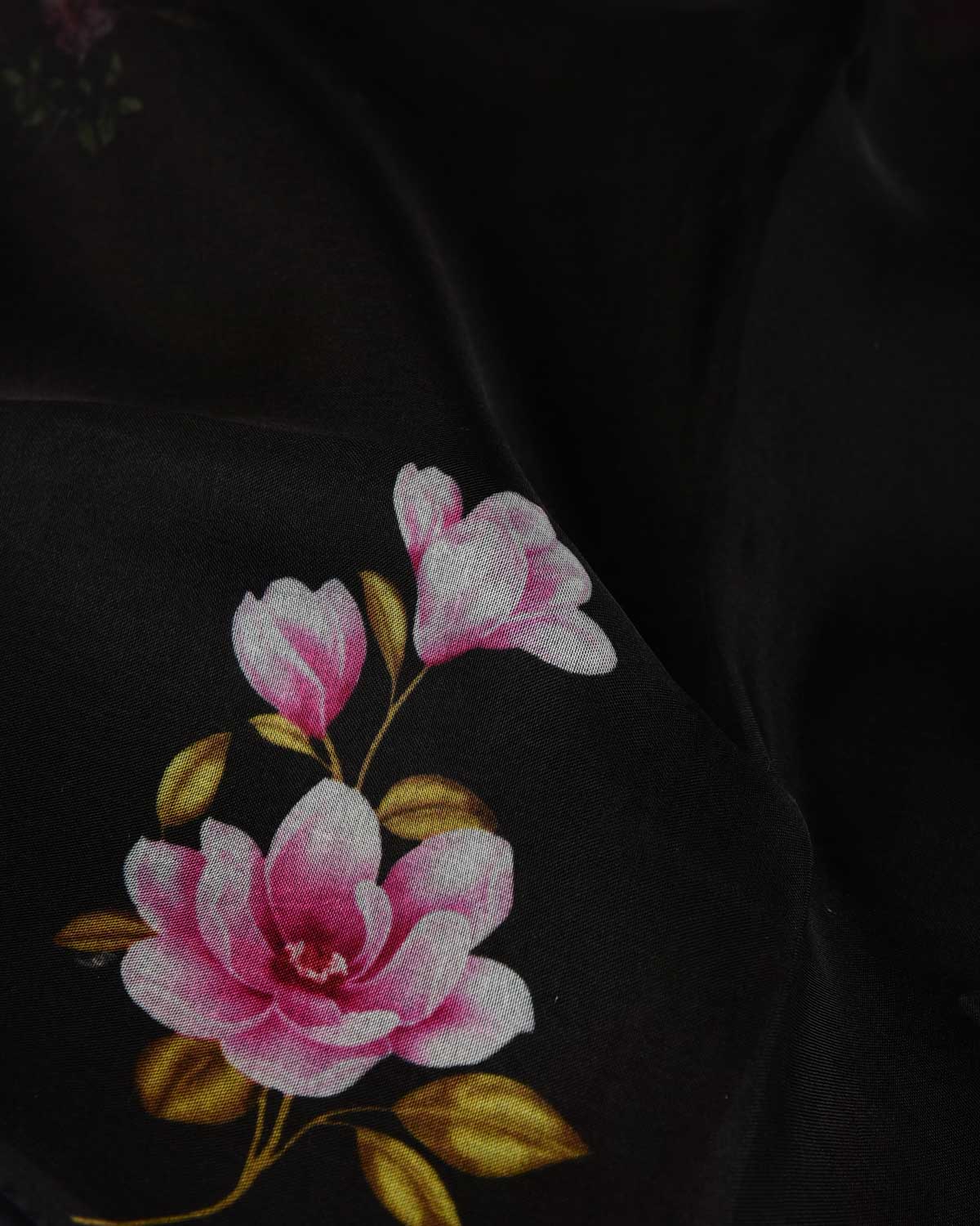 Black Lenten Rose Printed Kora Silk Saree