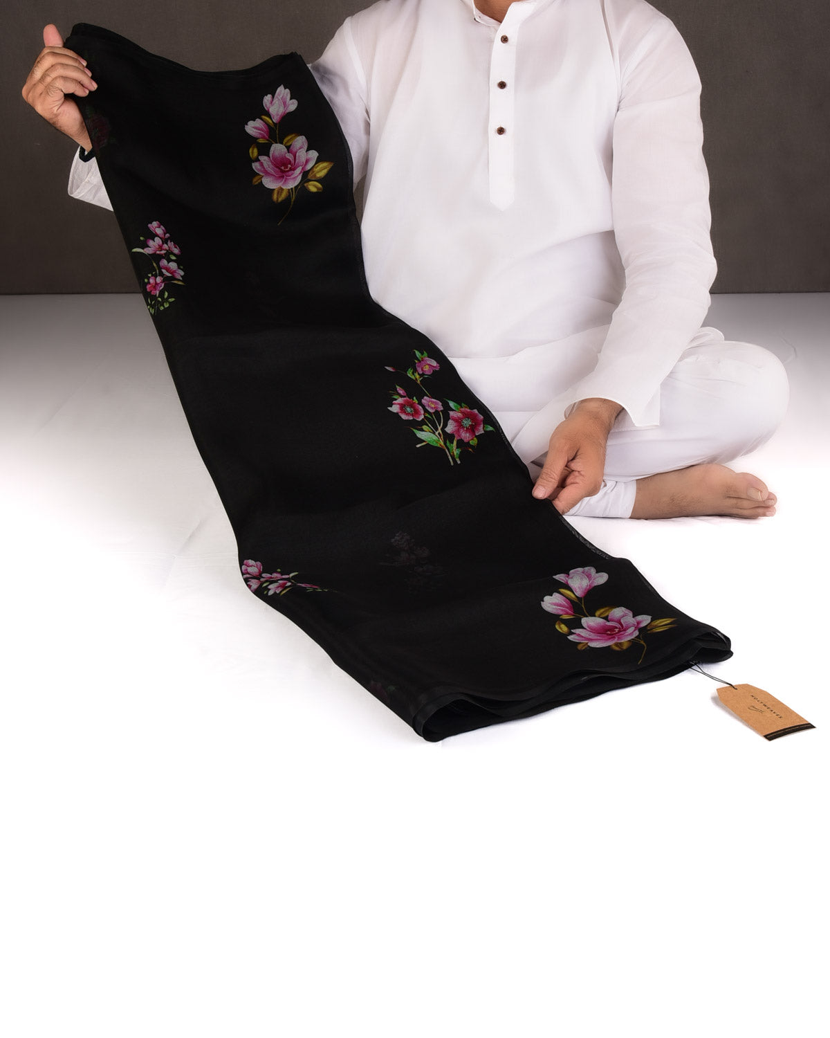 Black Lenten Rose Printed Kora Silk Saree
