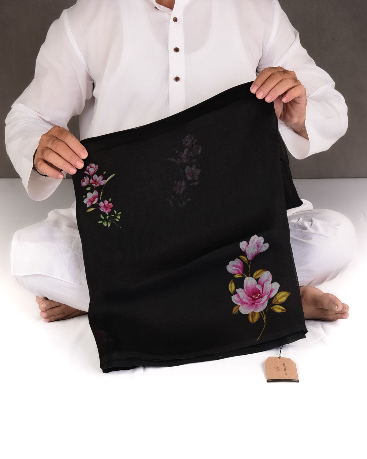 Black Lenten Rose Printed Kora Silk Saree
