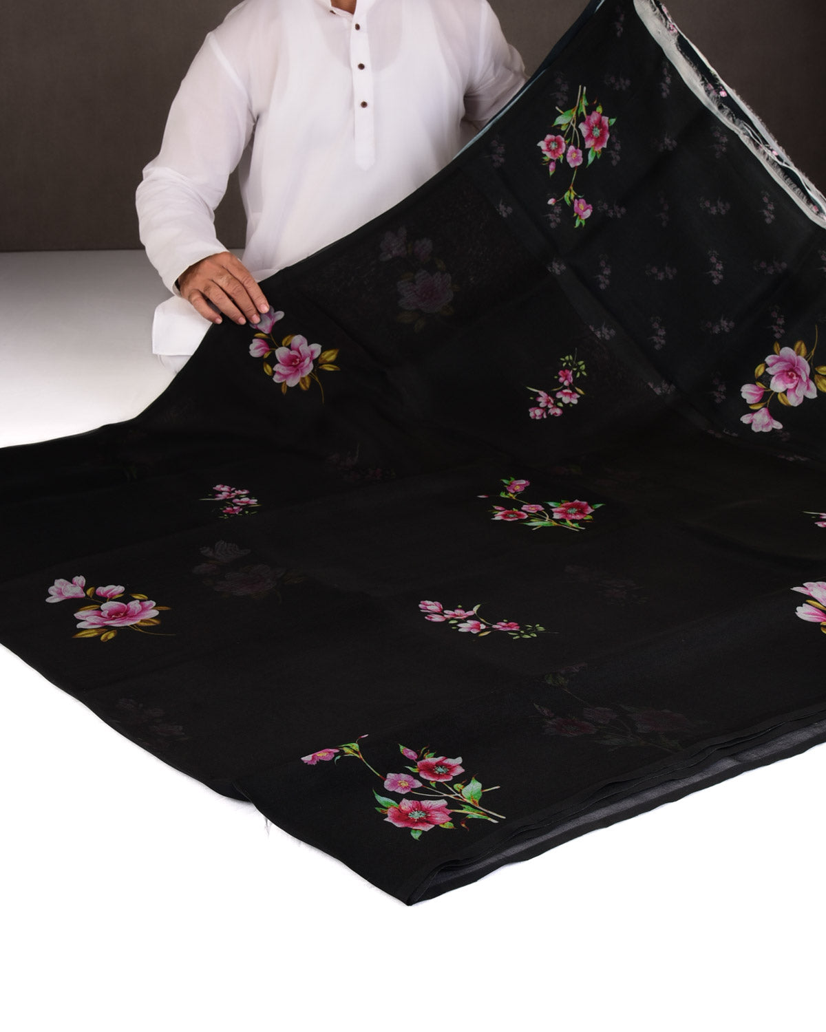 Black Lenten Rose Printed Kora Silk Saree