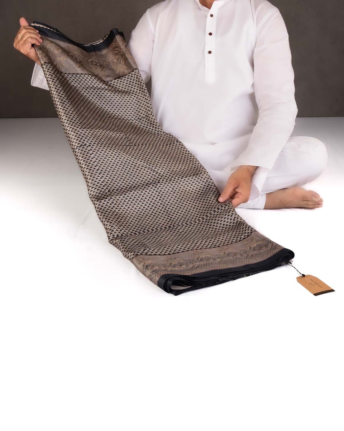 Gray Trinagle Geometric Printed Tasar Silk Saree with Embroidered Border