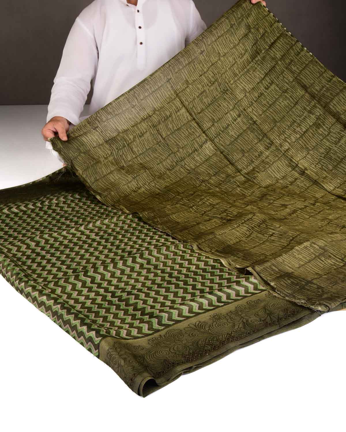 Variegated Olive Green Chevron Geometric Printed Tasar Silk Saree with Embroidered Border