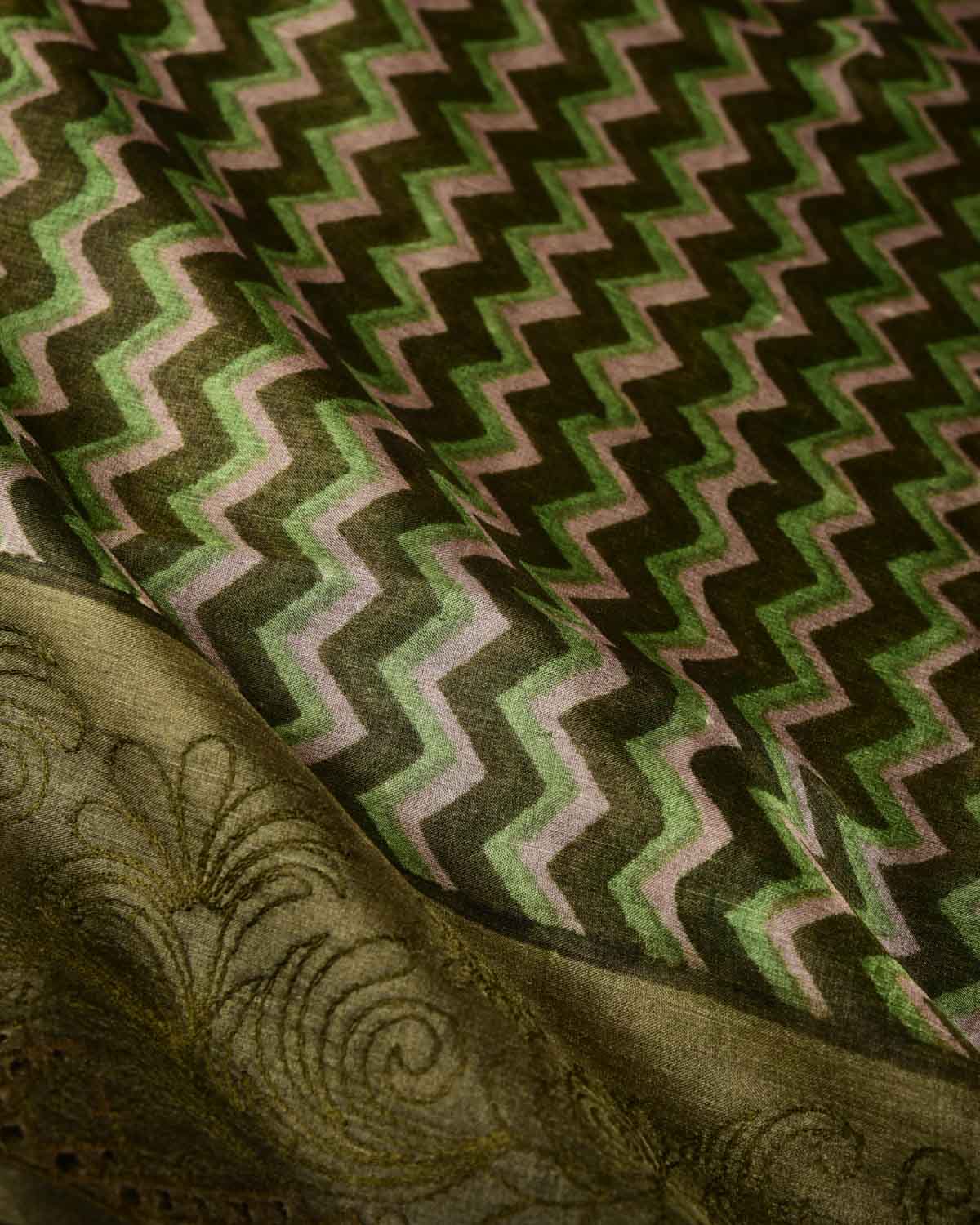 Variegated Olive Green Chevron Geometric Printed Tasar Silk Saree with Embroidered Border