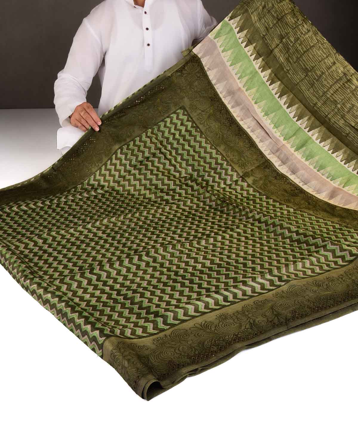 Variegated Olive Green Chevron Geometric Printed Tasar Silk Saree with Embroidered Border