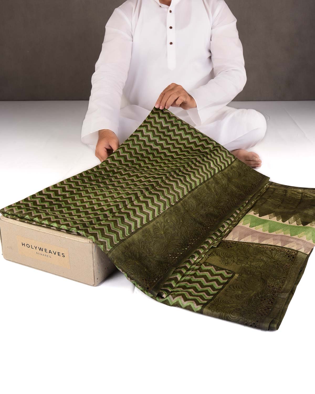 Variegated Olive Green Chevron Geometric Printed Tasar Silk Saree with Embroidered Border