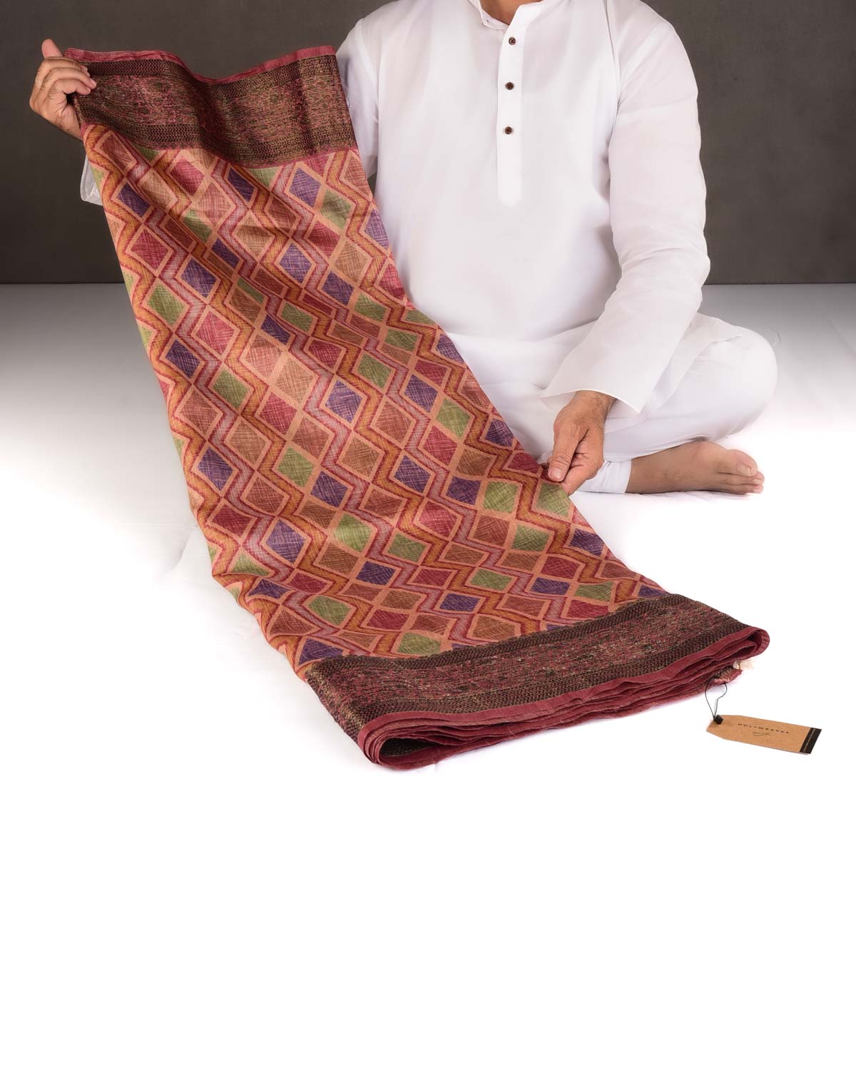Multi-color Rhombus Grids Printed Muga Silk Saree with Embroidered Border