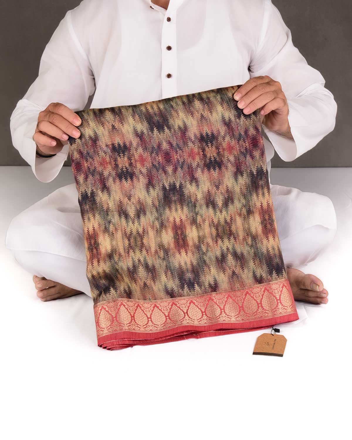 Multi-color Pine Leaves Printed Muga Silk Saree with Brocade Border