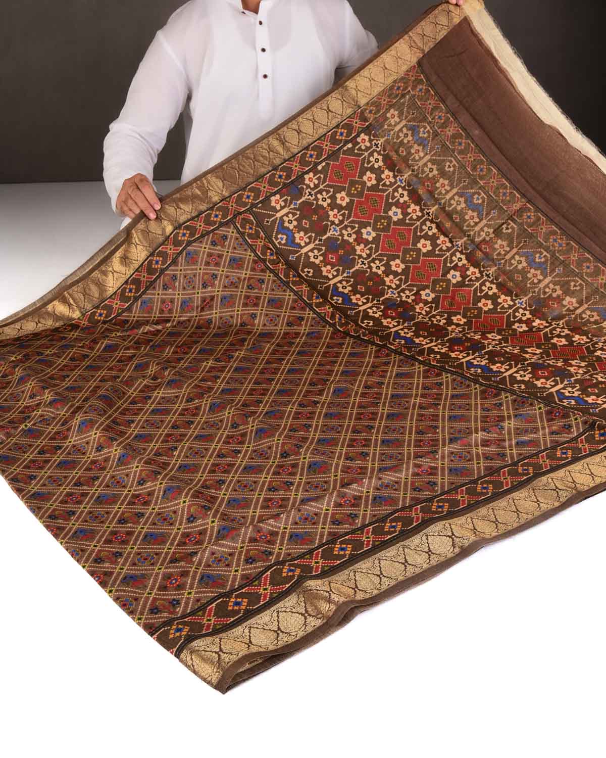 Brown Patola Grids Printed Muga Silk Saree with Brocade Border