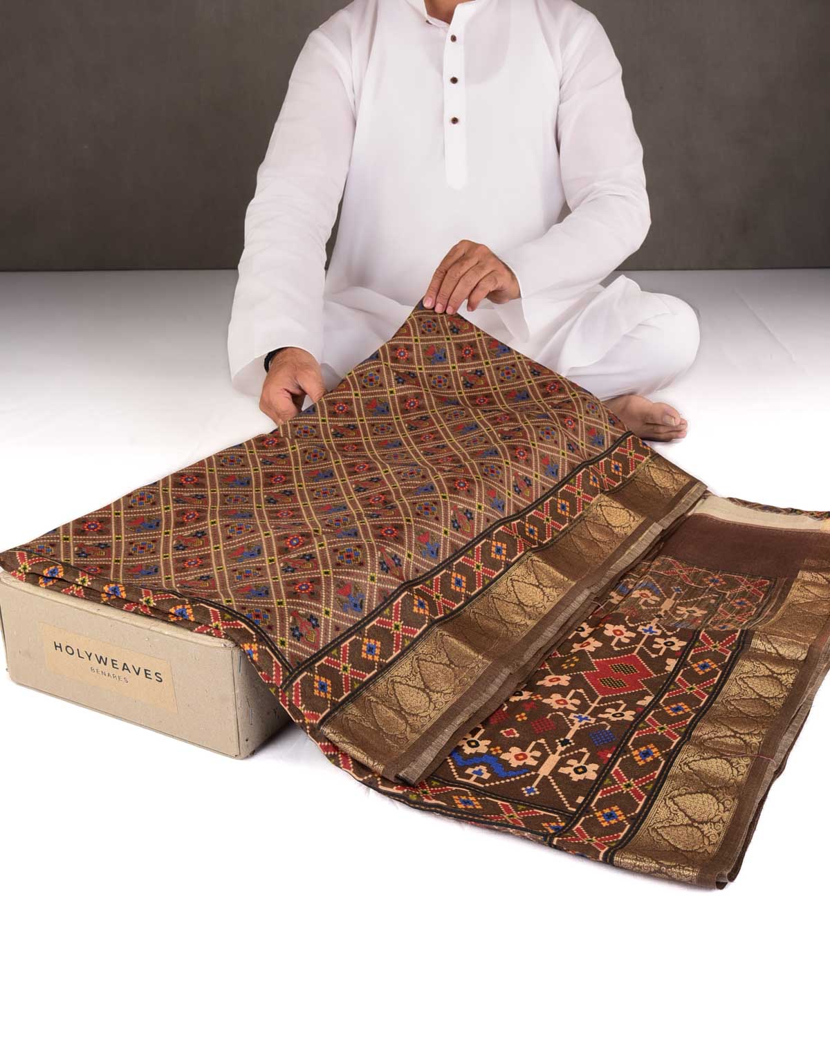 Brown Patola Grids Printed Muga Silk Saree with Brocade Border