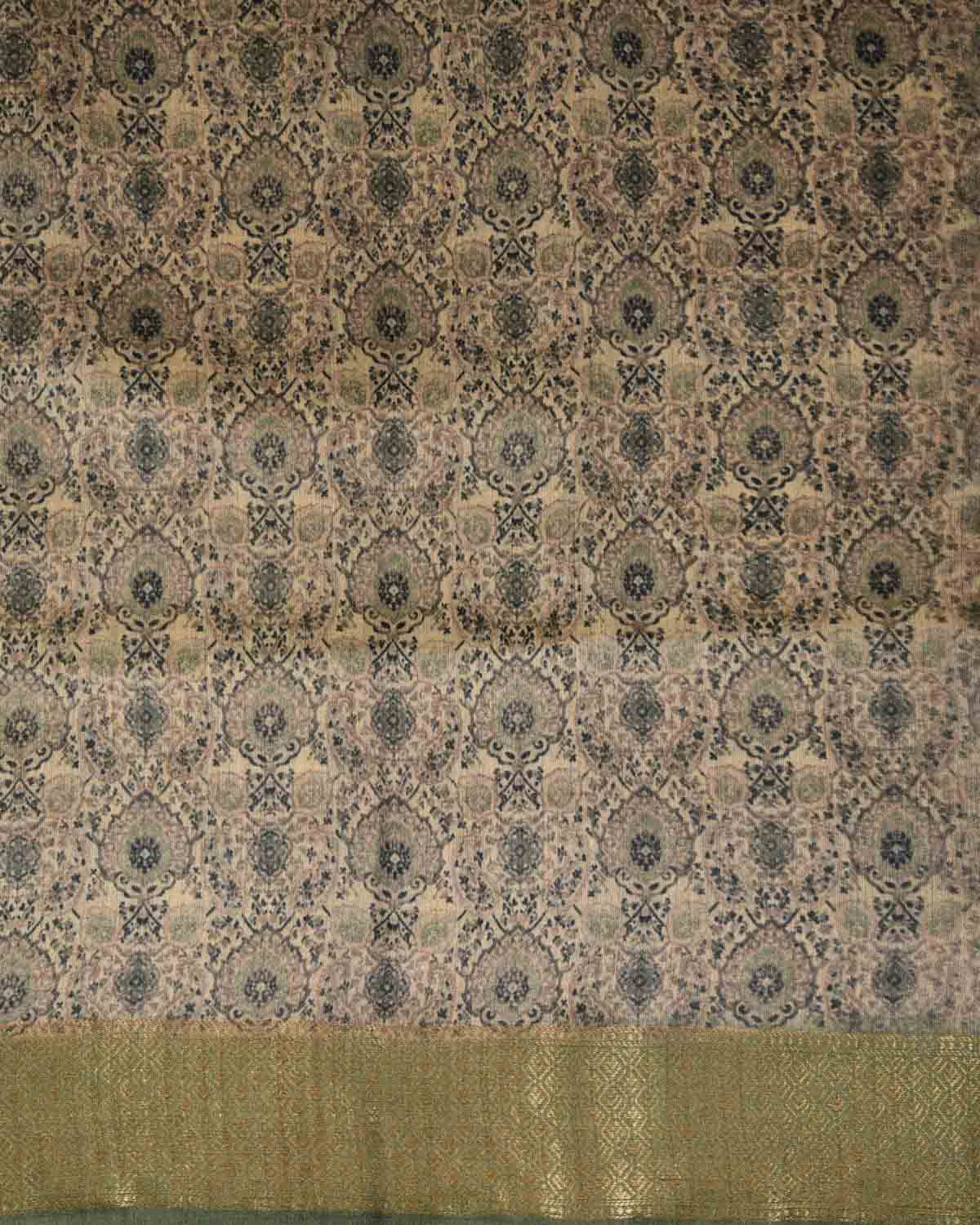 Muted Green Traditional Floral Printed Muga Silk Saree with Brocade Border