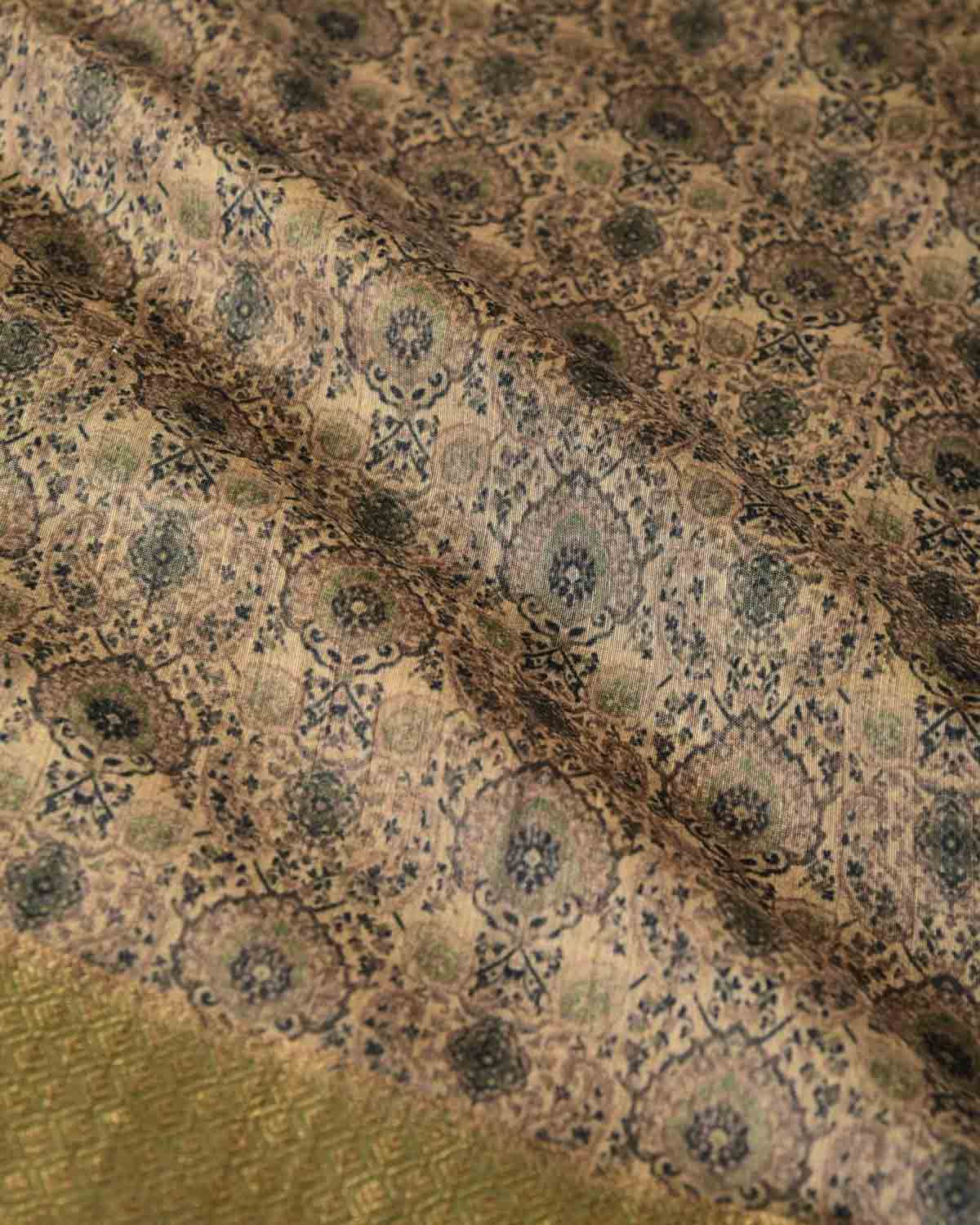 Muted Green Traditional Floral Printed Muga Silk Saree with Brocade Border
