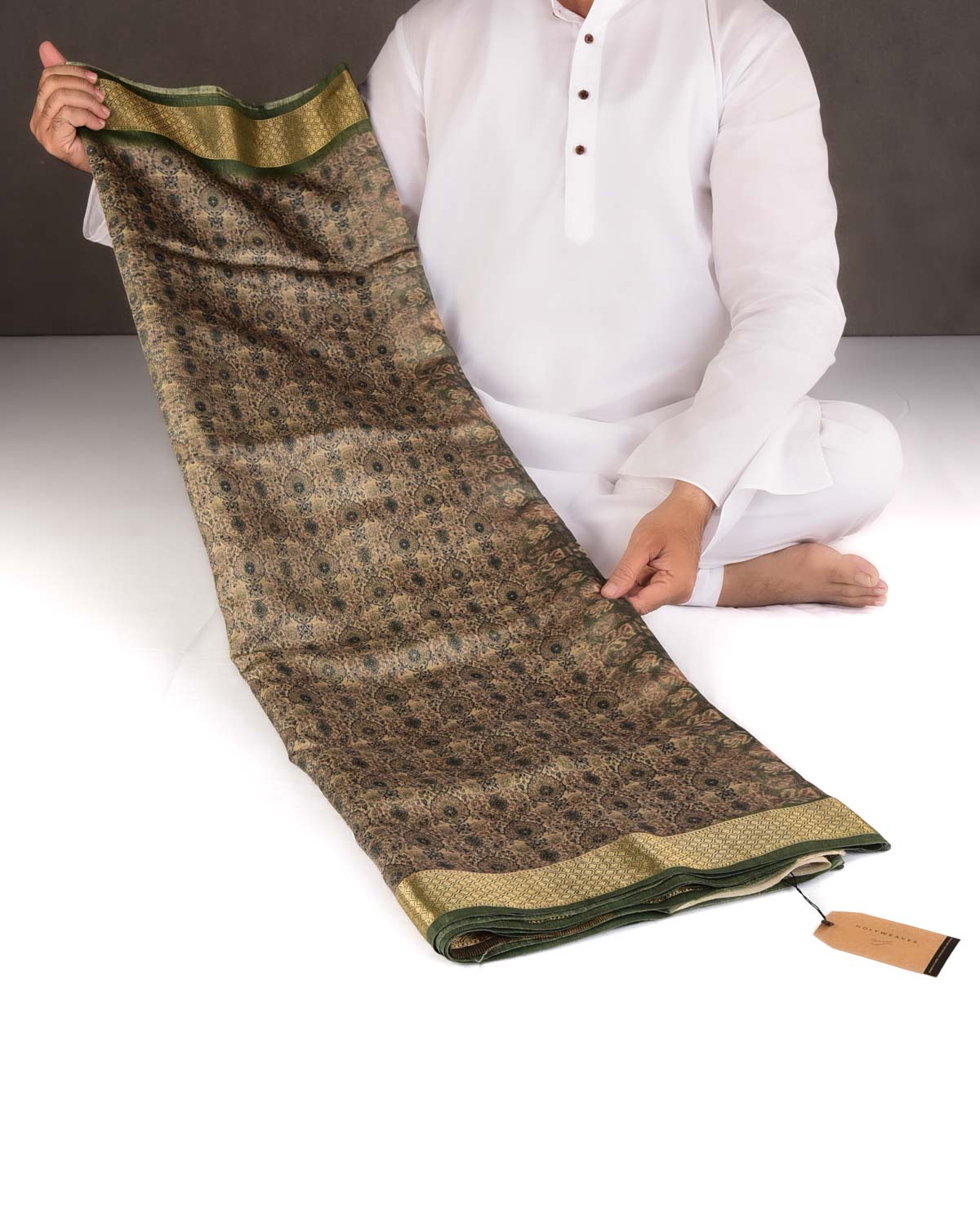Muted Green Traditional Floral Printed Muga Silk Saree with Brocade Border