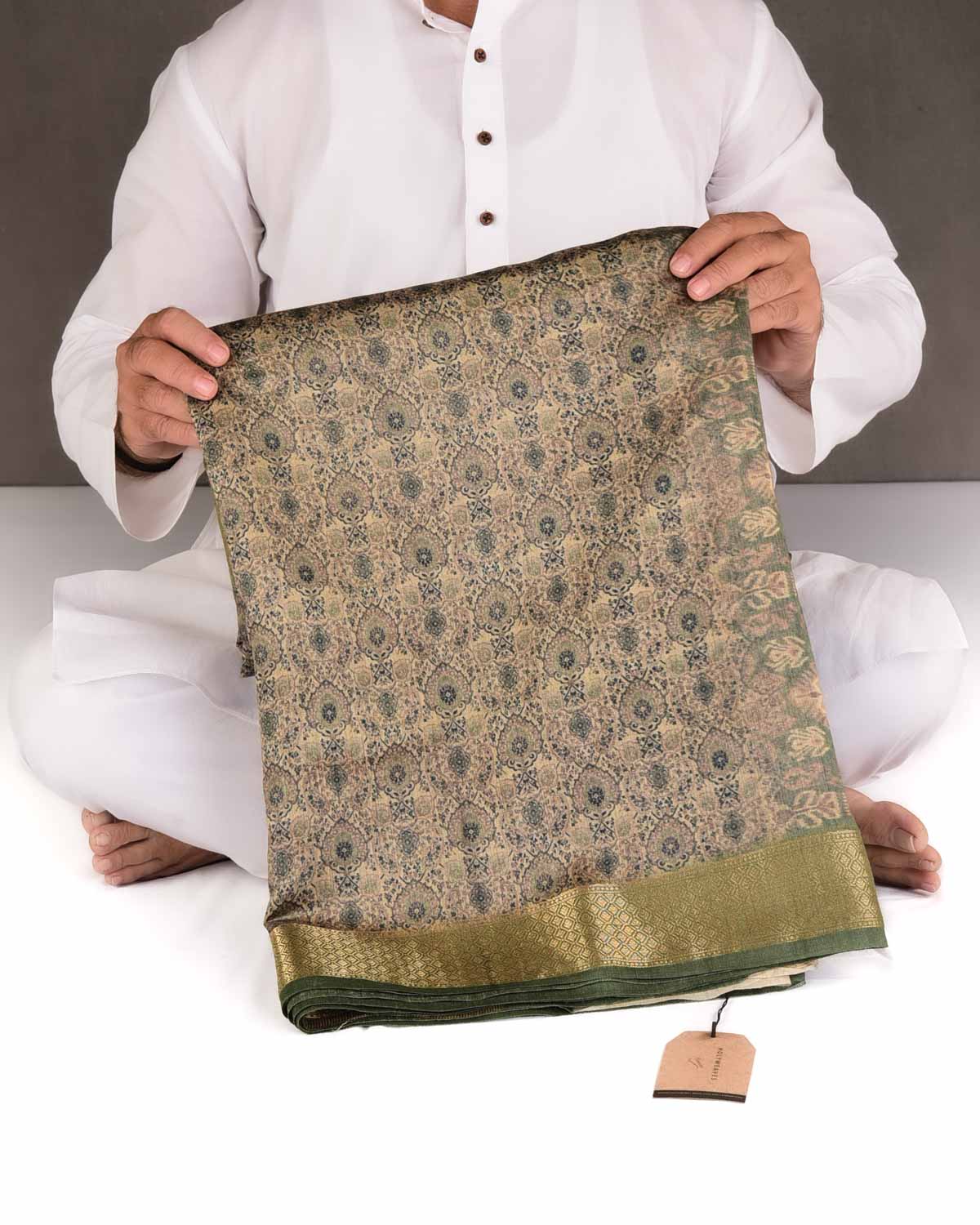 Muted Green Traditional Floral Printed Muga Silk Saree with Brocade Border
