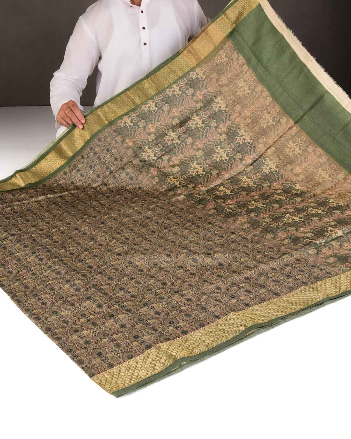 Muted Green Traditional Floral Printed Muga Silk Saree with Brocade Border